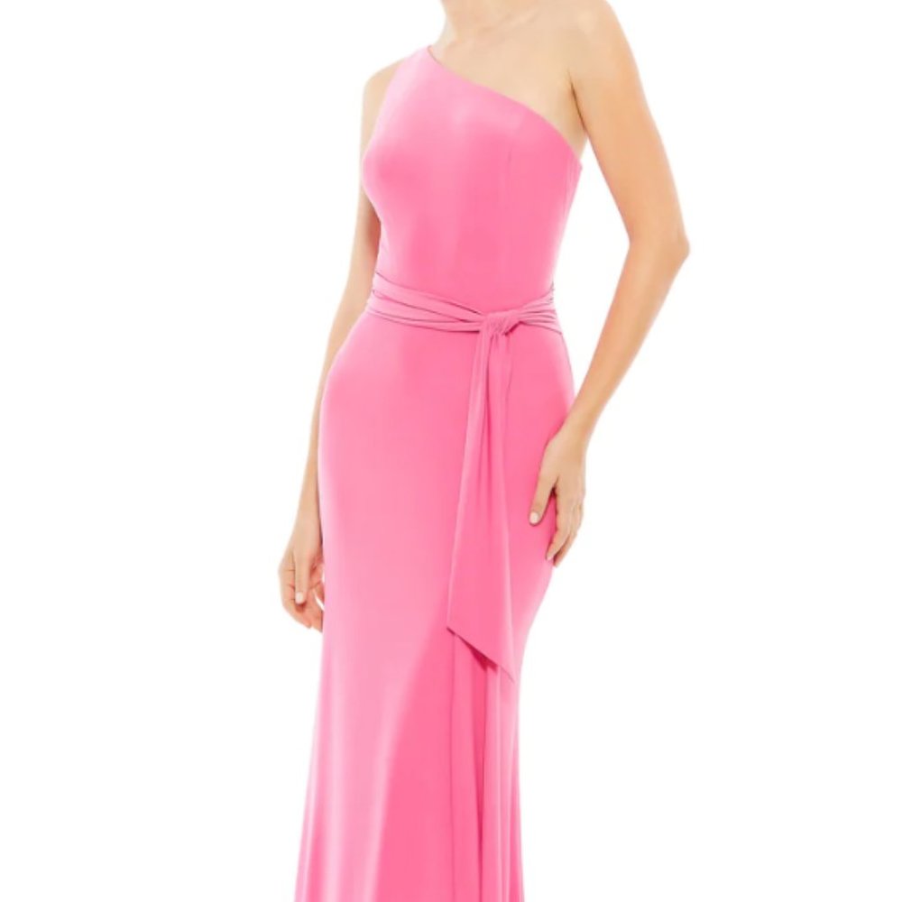 MAC DUGGAL 26581 STRETCH JERSEY ONE SHOULDER BELTED TRUMPET CANDY PINK GOWN sz 4